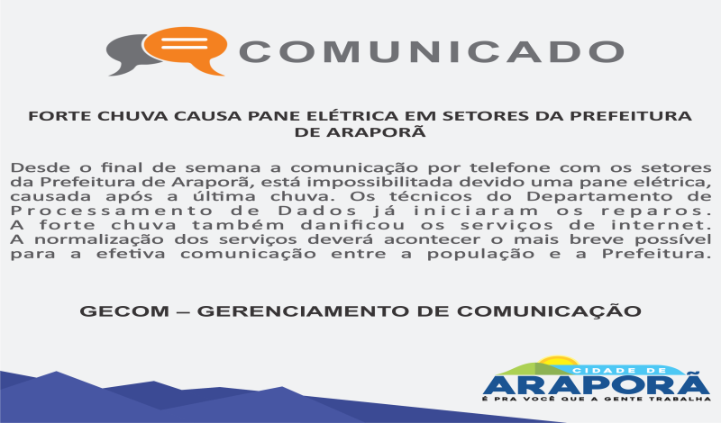 Imagem destaque notícia FORTE CHUVA CAUSA PANE ELÉTRICA EM SETORES DA PREFEITURA DE ARAPORÃ