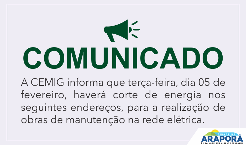 Imagem destaque notícia AVISO DE DESLIGAMENTO DE ENERGIA ELÉTRICA PARA MANUTENÇÃO