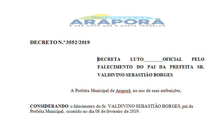 Imagem destaque notícia DECRETO LUTO OFICIAL PELO FALECIMENTO DO PAI DA PREFEITA SR. VALDIVINO SEBASTIÃO BORGES