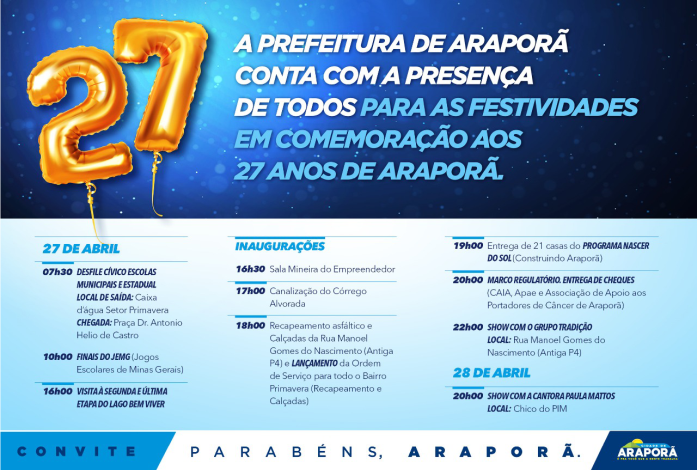 Imagem destaque notícia PROGRAMAÇÃO DAS COMEMORAÇÕES AO ANIVERSÁRIO DE ARAPORÃ