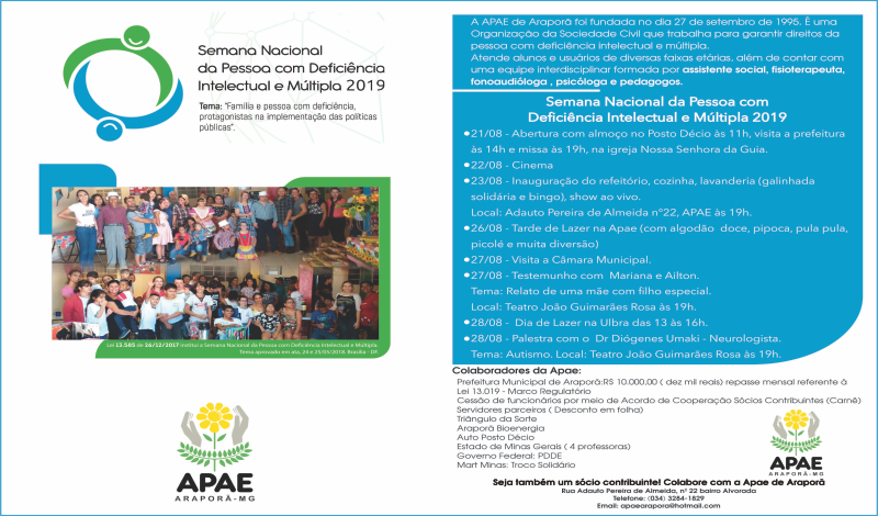 Imagem destaque notícia APAE ARAPOR&Atilde; INICIA COMEMORA&Ccedil;&Otilde;ES DA SEMANA NACIONAL DA PESSOA COM DEFICI&Ecirc;NCIA INTELECTUAL E M&Uacute;LTIPLA
