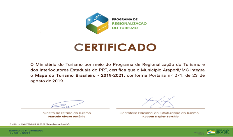 Imagem destaque notícia ARAPORÃ RECEBE CERTIFICAÇÃO DO MINISTÉRIO DO TURISMO