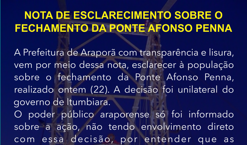 Imagem destaque notícia NOTA DE ESCLARECIMENTO SOBRE O FECHAMENTO DA PONTE AFONSO PENNA