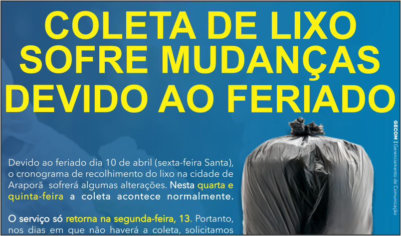 Imagem destaque notícia COLETA DE LIXO SOFRE MUDANÇAS DEVIDO AO FERIADO