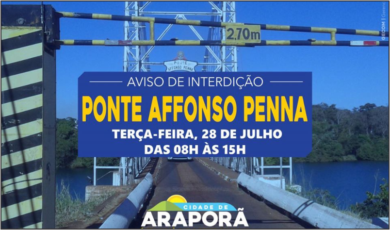 Imagem destaque notícia PONTE AFFONSO PENNA SERÁ INTERDITADA NESTA TERÇA-FEIRA PARA REPAROS