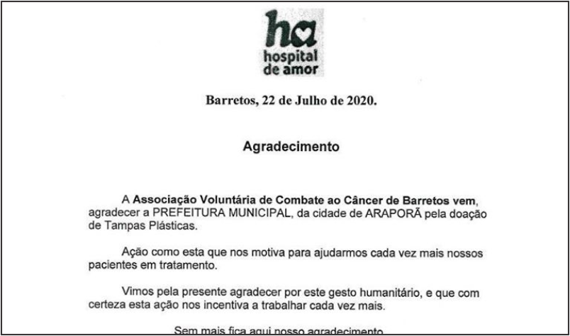 Imagem destaque notícia HOSPITAL DE AMOR AGRADECE ARAPORÃ POR CAMPANHA DE ARRECADAÇÃO