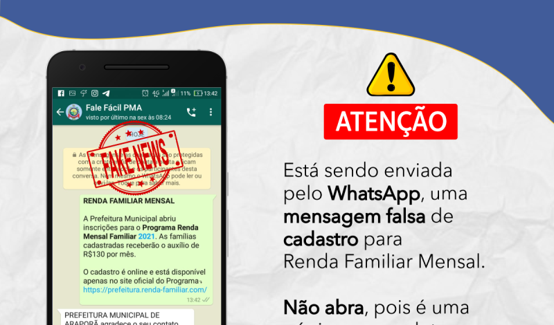 Imagem destaque notícia PREFEITURA DE ARAPORÃ ALERTA PARA MENSAGEM FALSA SOBRE BENEFÍCIO SOCIAL