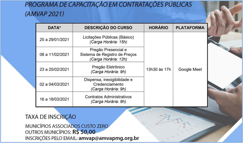 Imagem destaque notícia AMVAP ABRE INSCRIÇÕES PARA CAPACITAÇÃO EM CONTRATAÇÕES PÚBLICAS