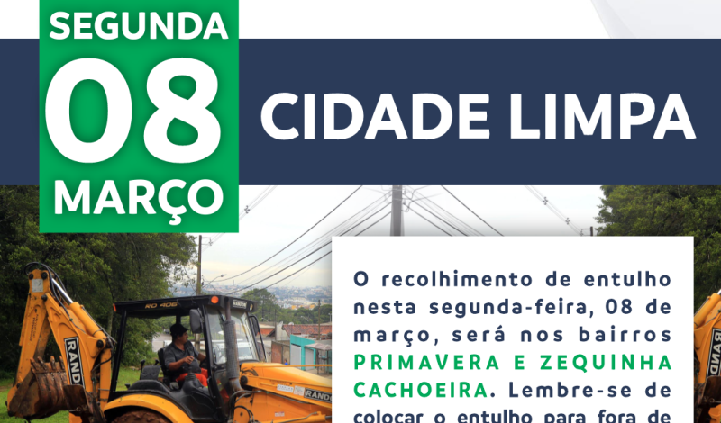 Imagem destaque notícia ENTULHO: RECOLHIMENTO ACONTECE NESTA SEGUNDA-FEIRA (08) NOS BAIRROS PRIMAVERA E ZEQUINHA CACHOEIRA