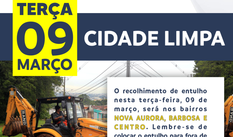 Imagem destaque notícia RECOLHIMENTO DE ENTULHO NOS BAIRROS NOVA AURORA, BARBOSA E CENTRO, NESTA TER&Ccedil;A-FEIRA (09)