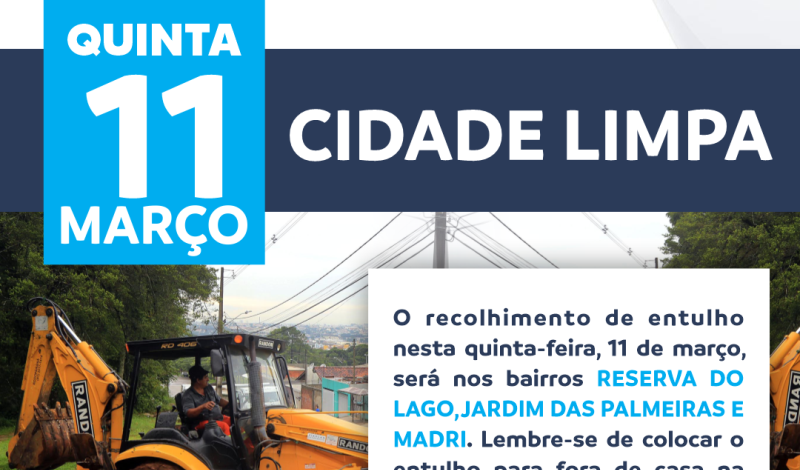 Imagem destaque notícia ENTULHO: RECOLHIMENTO NOS BAIRROS RESERVA DO LAGO, JARDIM DAS PALMEIRAS E MADRI