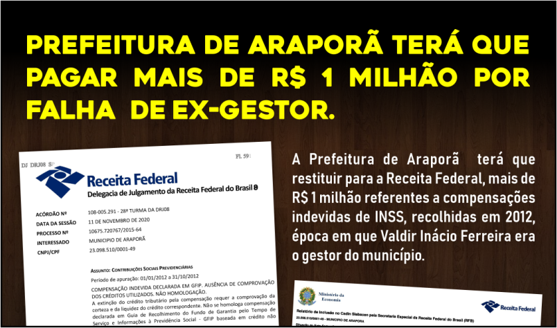 Imagem destaque notícia PREFEITURA DE ARAPORÃ TERÁ QUE PAGAR MAIS DE R$ 1 MILHÃO POR FALHA DE EX-GESTOR