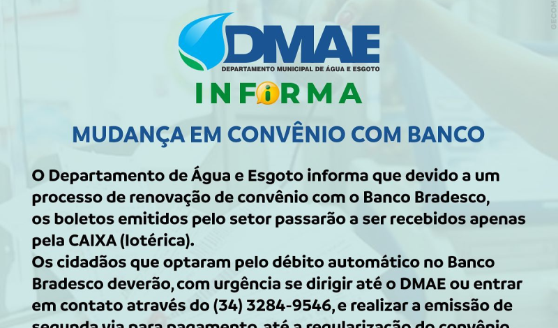 Imagem destaque notícia DMAE INFORMA SOBRE MUDANÇA EM CONVÊNIO COM BANCO