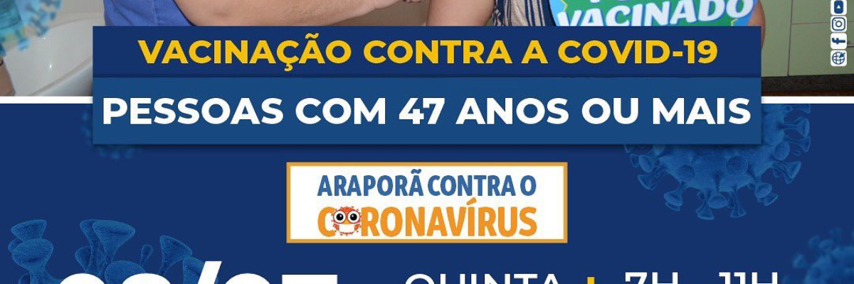 Imagem destaque notícia COVID-19: VACINA&Ccedil;&Atilde;O AVAN&Ccedil;A PARA PESSOAS DE 47 ANOS OU MAIS NESTA QUINTA-FEIRA