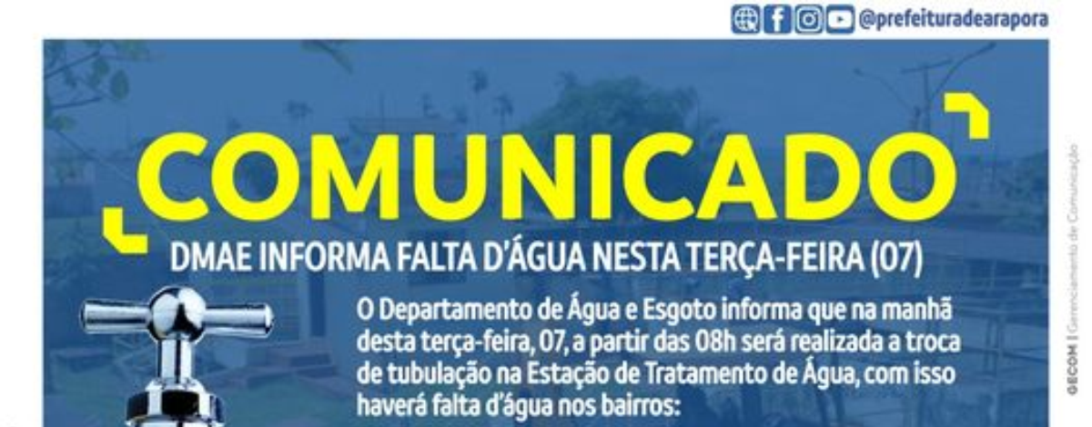 Imagem destaque notícia DMAE INFORMA FALTA D’ÁGUA NESTA TERÇA-FEIRA (07)