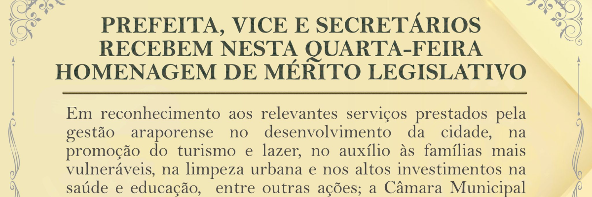 Imagem destaque notícia PREFEITA, VICE E SECRETÁRIOS RECEBEM NESTA QUARTA-FEIRA HOMENAGEM DE MÉRITO LEGISLATIVO