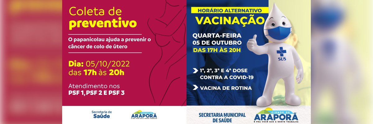 Imagem destaque notícia HOJE TEM HOR&Aacute;RIO EXTENDIDO NAS SALAS DE VACINA E PARA COLETA DE PREVENTIVO. SE PROGRAME E N&Atilde;O DEIXE A SA&Uacute;DE DE LADO.