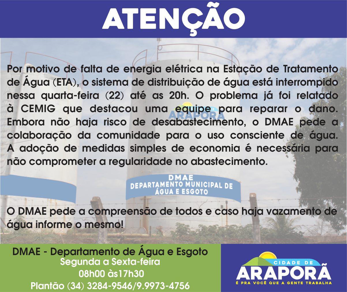 Imagem destaque notícia Falta de energia afeta sistema de distribuição de água