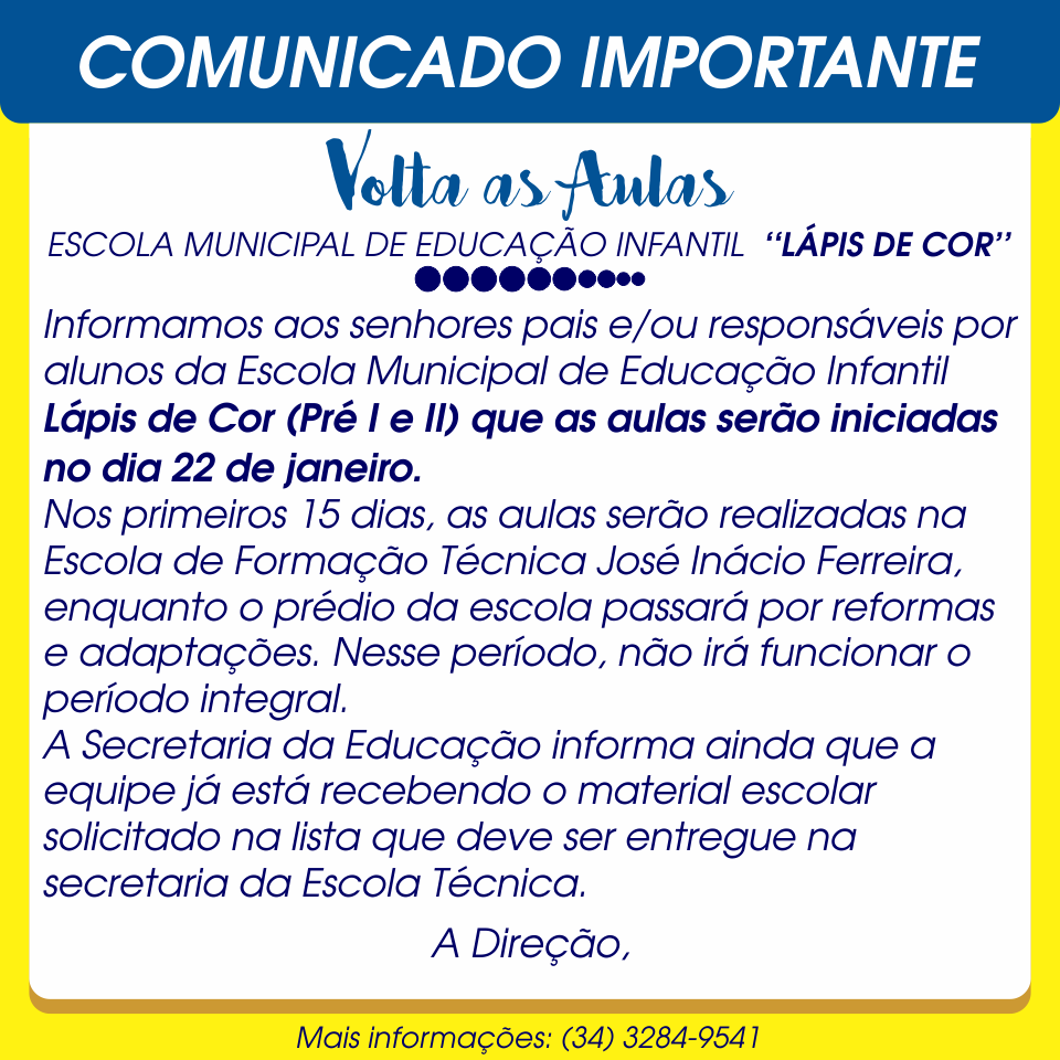 Imagem destaque notícia Aulas da Escola Lápis de Cor serão iniciadas no prédio da Escola Técnica